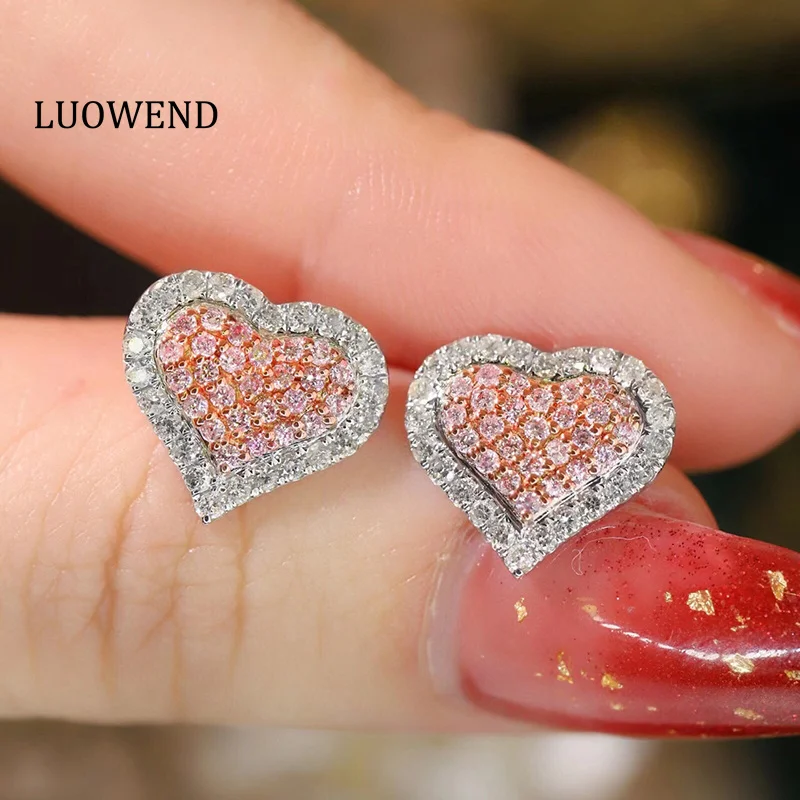 

LUOWEND 18K White Gold Earrings Romantic Heart Design 0.80carat Real Natural Pink Diamond Stud Earrings for Women Party Jewelry