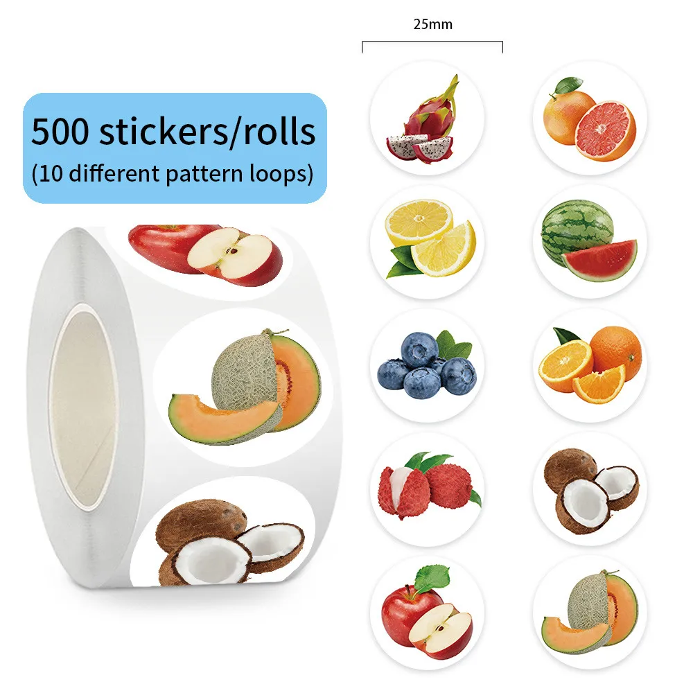 500Pcs/Roll Realistic Fruit Pattern Round Stickers Waterproof Decor for Journal Fridge Water Bottle Giajar Sticker Store