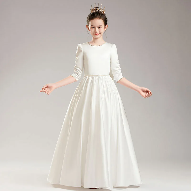 Girls' Elegant Princess Dress Girl Evening Dresses Children Piano Performance Long Sleeve White Clothes 4 to 12 Years