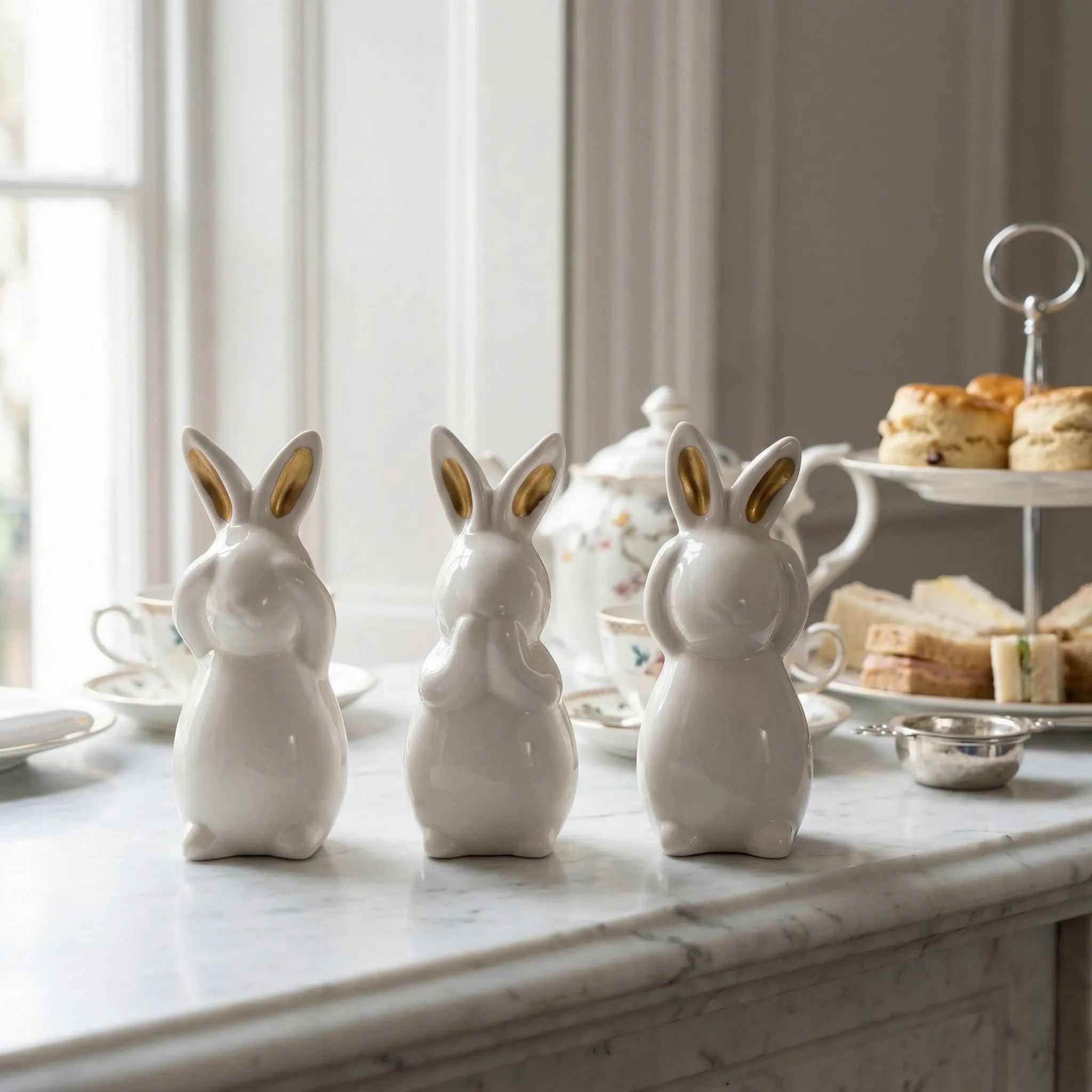 3Pcs Ceramic Bunny Statue Ornaments No Hear Speak See Poses Mini Porcelain Easter Rabbit Sculpture Tabletop Decorative Animal