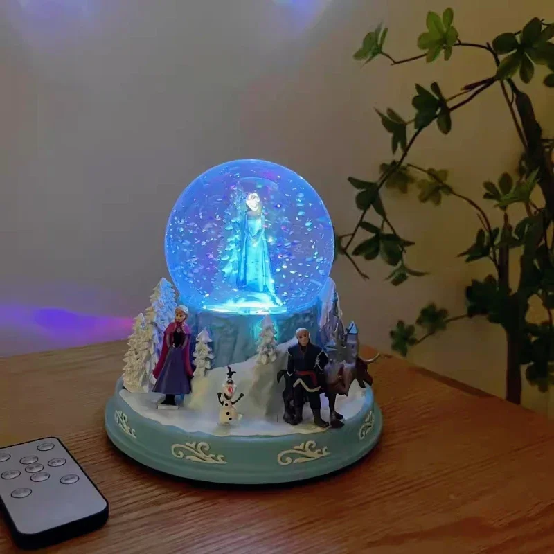 

Disney Cartoon Ice Snow Elsa Princess Anime Figure Romance Music Snowflake Rotating Crystal Ball Desktop Model Toy Brithday Gift