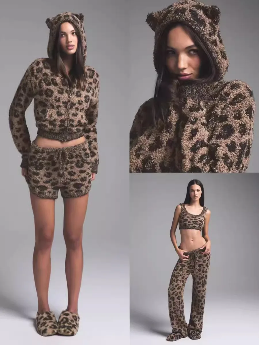 

Warmth Leopard Print Knitted Set Zipper Jaet Long Pants Vest orts Women's Faion Casual Sle Home Comfortable Suit