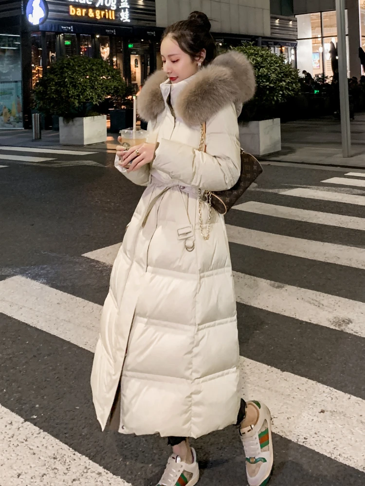 Chaqueta de plumón con cuello de piel de zorro para mujer, abrigo acolchado de pato blanco a la moda, ajustado, grueso, de alta calidad, para invierno