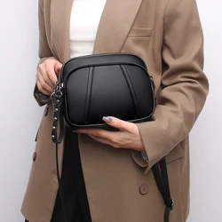 Solid Color Fashionable Rivet Zipper Women's Mobile Phone Bag Simple Soft Leather Shoulder Crossbody Small Square Bag Handbag