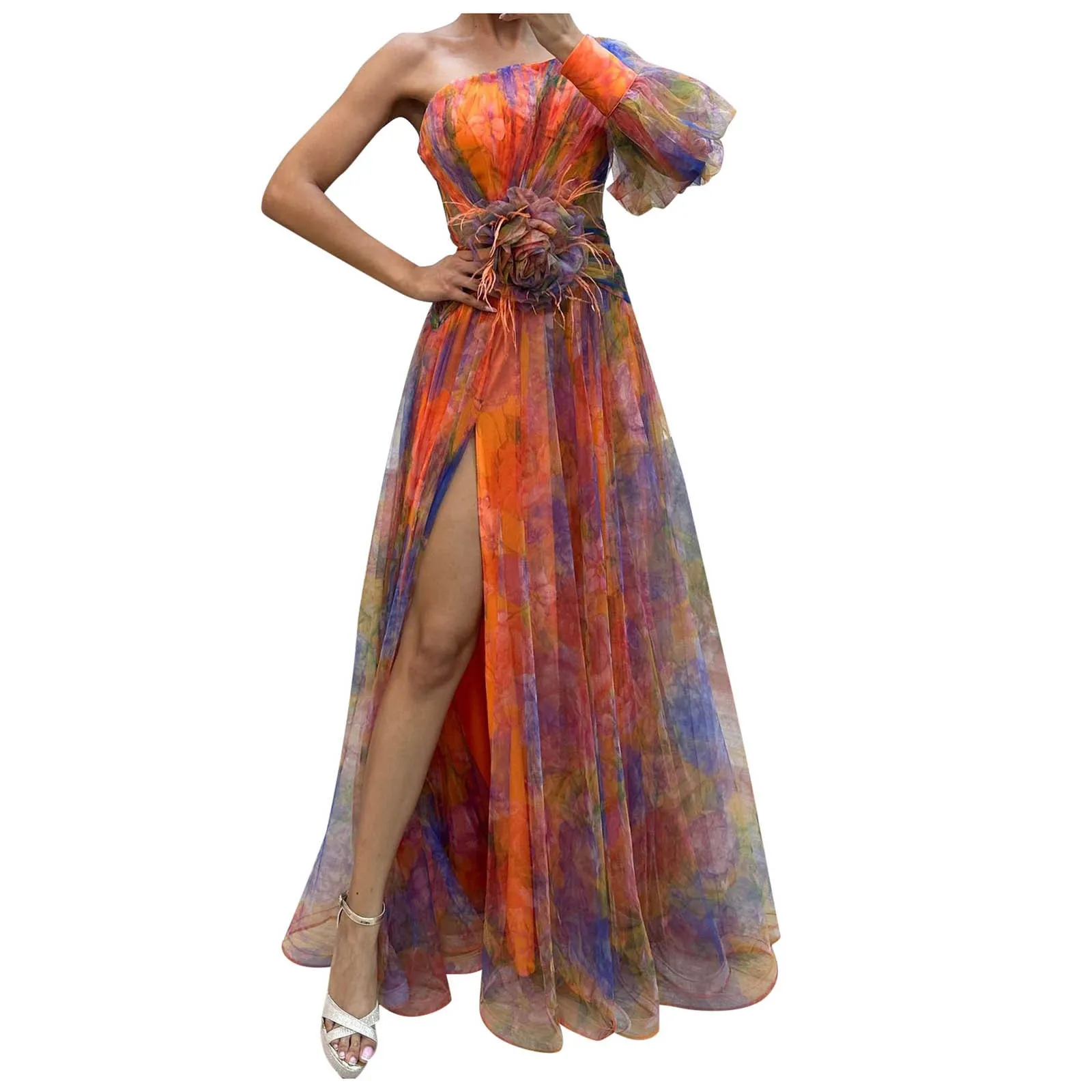 Formal Evening Dress Flower Embellished Evening Dress Elegant One Shoulder Tie-dye Ball Gown with Mesh Bubble Sleeves Split Hem