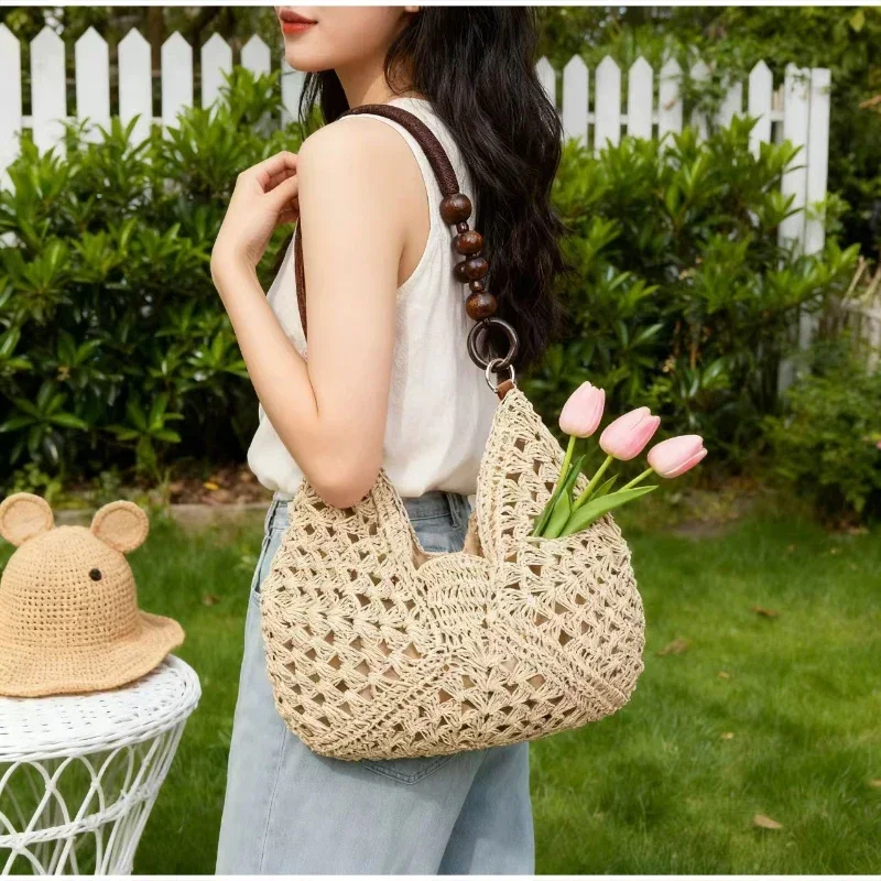 Hohl gestrickte Häkel-Schultertasche, Damen Casual Colorblock Handtasche für den Arbeitsweg, Leichte Sommer-Reisetasche – Detail 14