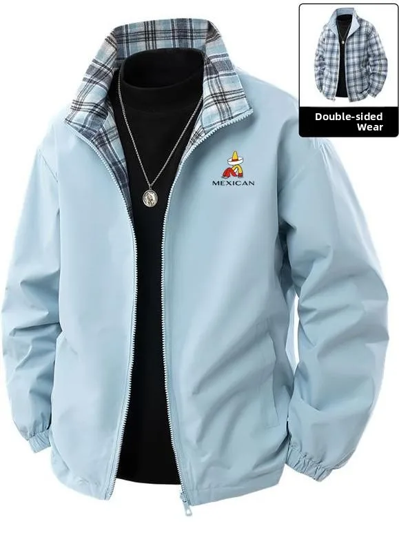 

Spring Autumn Men's Plaid Double-Sided Casual Loose Fit Stand Collar Jaet Trendy Outerwear Polyester Fiber Long Sve Zipper