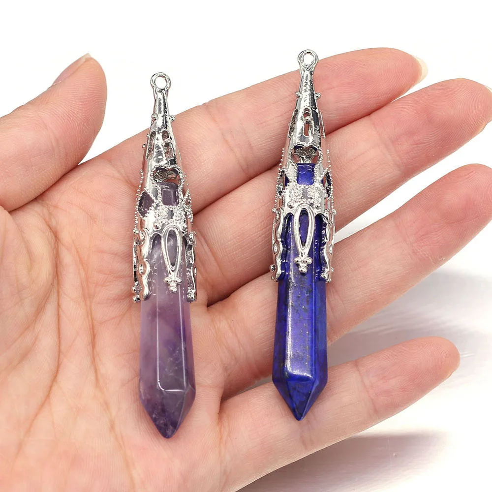 Natural Stone Pendant Lapis Lazuli Opal Reiki Heal Crystal Agate Pendulum for Jewelry Making DIY Vintage Necklace Pendant12x70mm