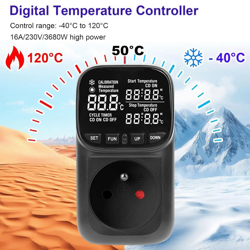 1pc Temperature Control Socket Black Shell Backlit Digital Thermostat Socket With VA Display For Aquariums Reptiles Incubators