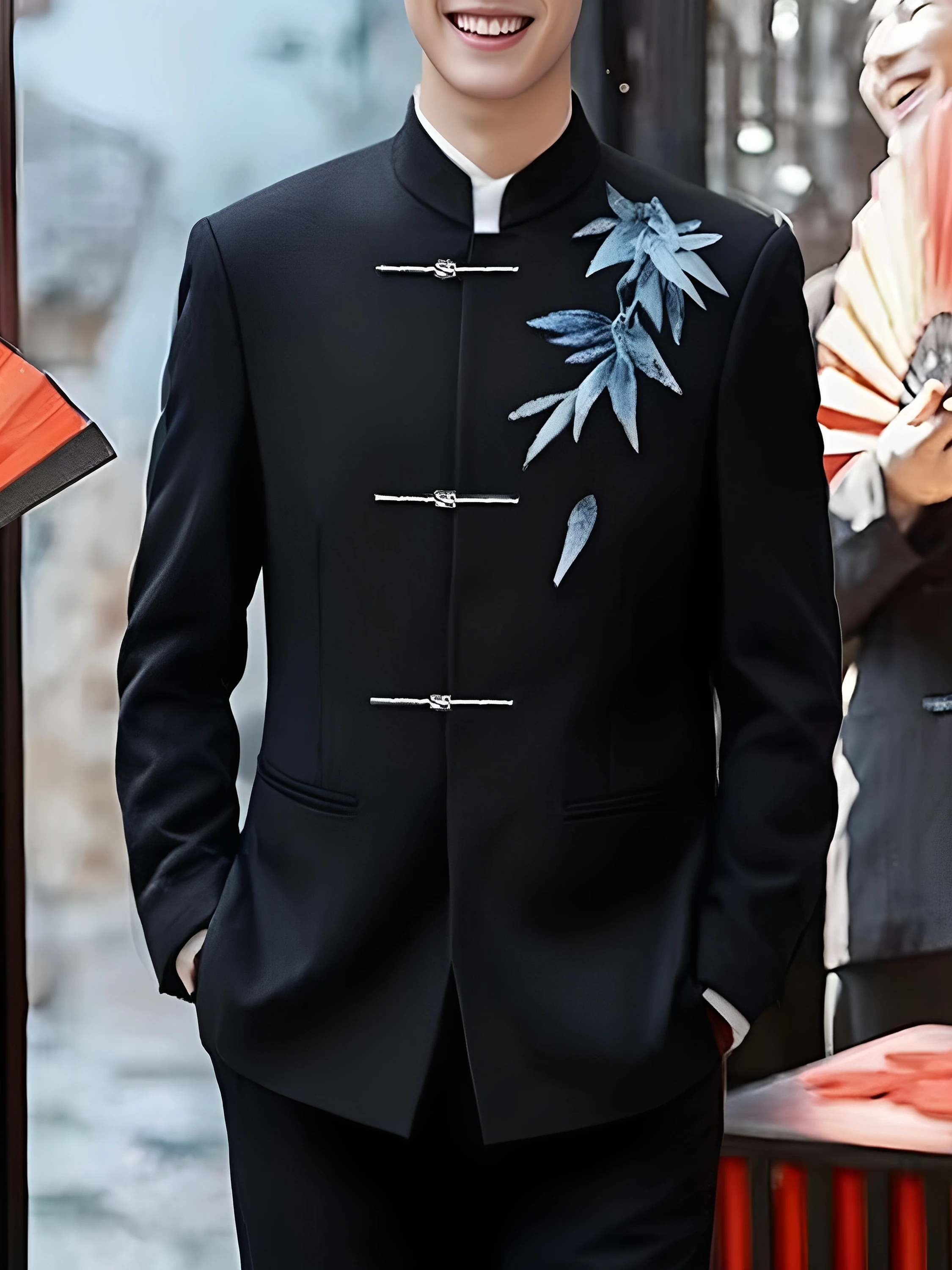 

New Chinese Sle Men's Embroidered Stand Collar Wedding Suit Outerwear Casual Western Coat Stand Fit Long Sve Autumn Wear