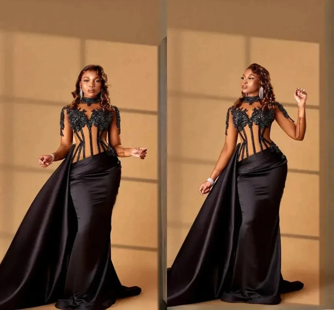 

Классическое роскошное Черное женское вечернее платье с длинным рукавом и высокой горловиной