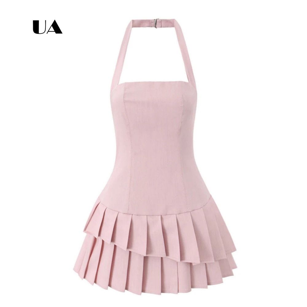 

ULBYANRY Classic Halterneck Mini Dress with Tiered Pleated Hem, Solid Sleeveless Evening Dress for Woman, Fashionable Party Gown