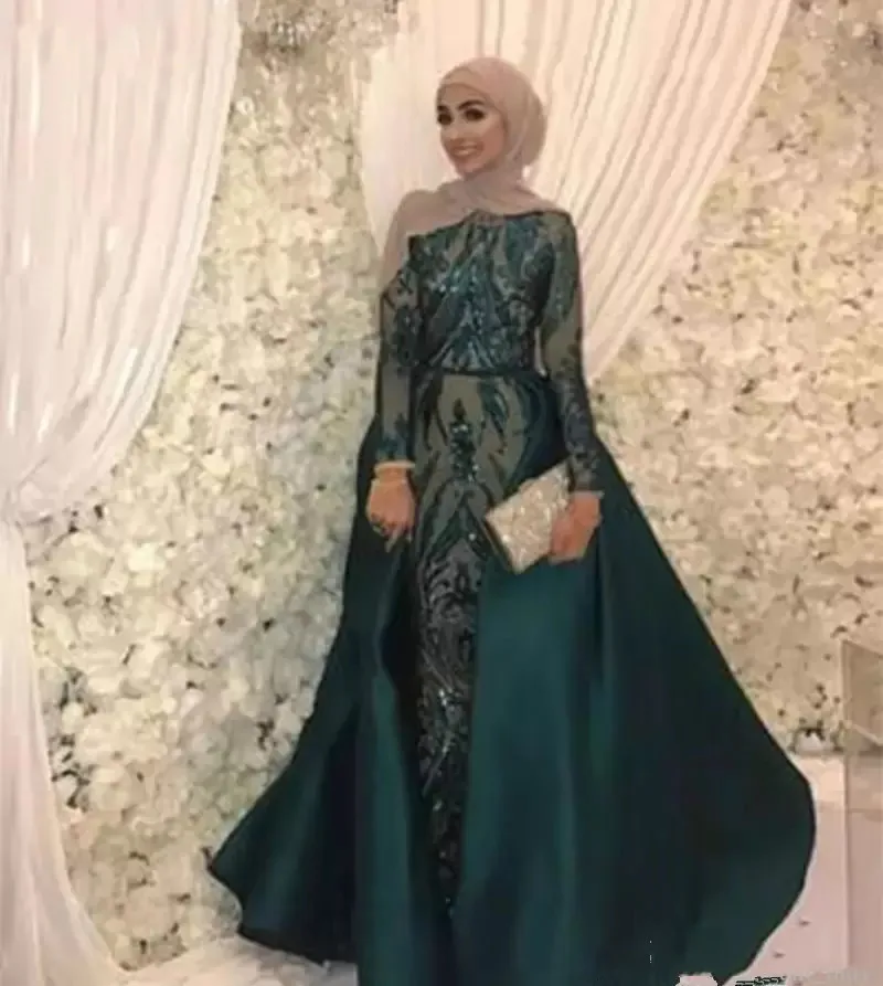 Dubai-Vestidos De encaje De manga larga para baile De graduación, traje De Noche Formal árabe musulmán con lentejuelas, desmontable