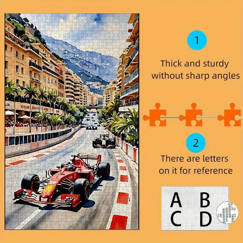 1 conjunto (1000 peças)/1 conjunto (500 peças) quebra-cabeça de papel diy, circuito monaco vermelho velocidade paisagem urbana, jogo de quebra-cabeça, cérebro teaser, h