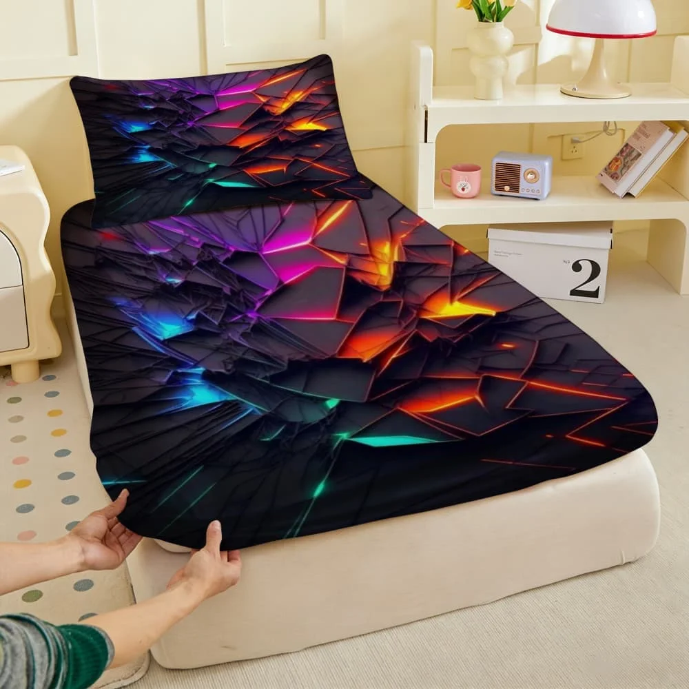 1pc Neon Crystal Shards Geometric Fitted Sheet Deep Pocket Elastic Mattress Cover Single Double Queen King Bedroom Decor