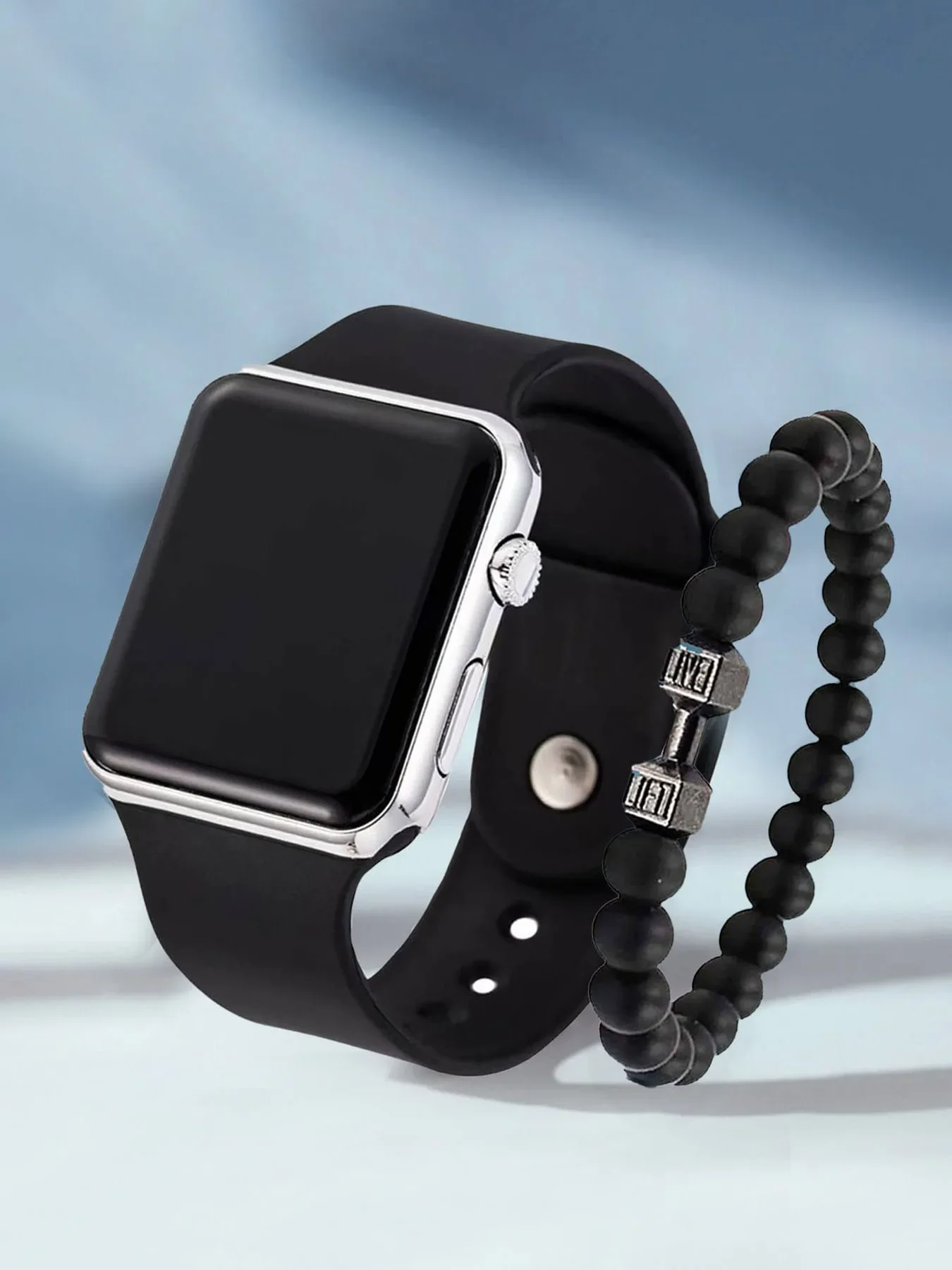 2-piece unisex fashionable, trendy, casual, personalized square LED electronic watch set