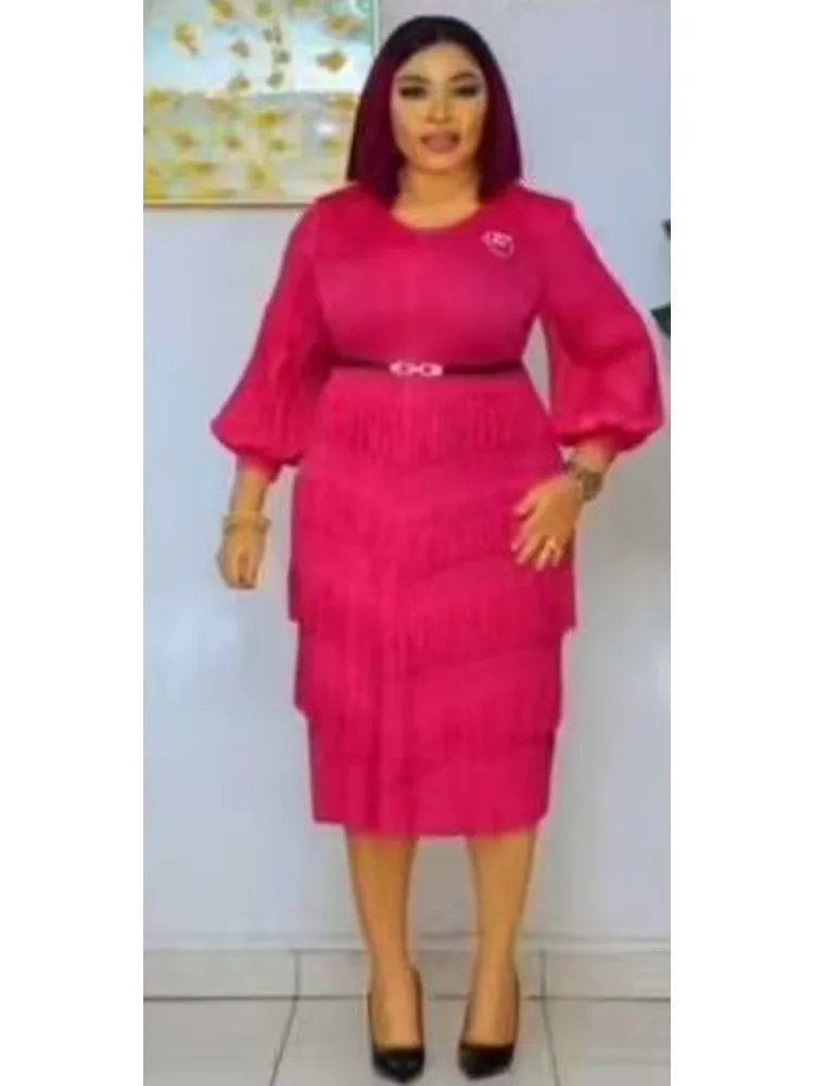 

2025 Miyake Fashion Fringed Loose Dress Temperament V-neck Lantern Sleeves Loose and Slim Elegant Women's Dresses New