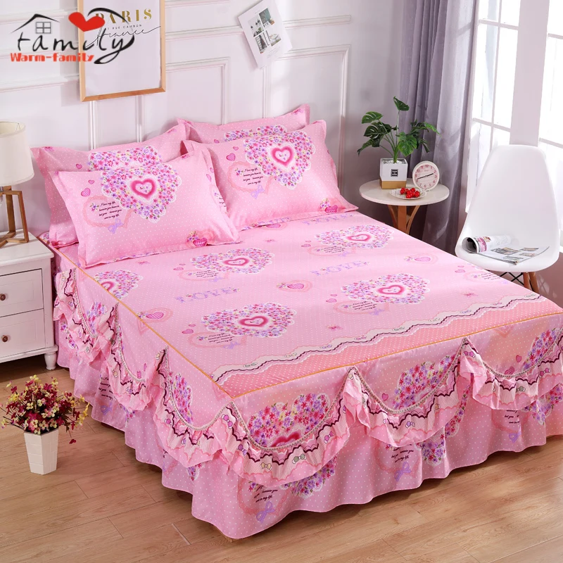 3Pc/Set Ruffle Lace Design Bed Skirt Mattress Cover with Pillowcase Non-Slip Soft Washed Cotton Super Bed Sheet Room Decoration