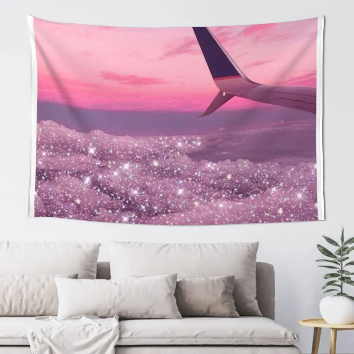 Aesthetic sparkly clouds pastel pink sky airplane view Tapestry Art Mural Funny Custom Tapestry