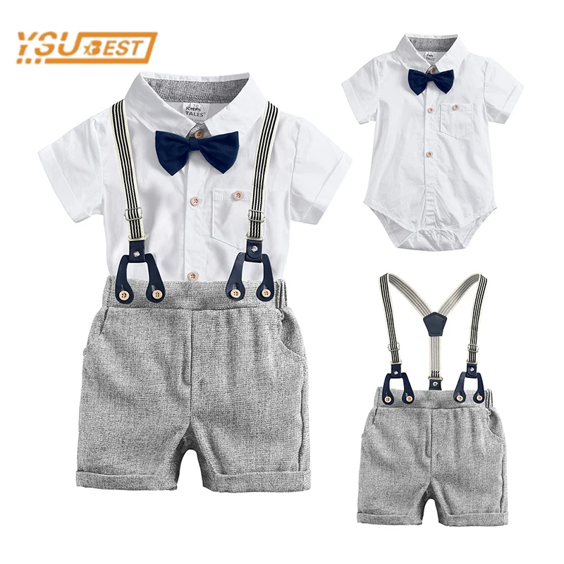 

Infant Kids Baby Boys Clothes Set Short Sleeve Bow Tie Solid Color Rompers + Straps Shorts 3pcs Gentleman Toddler Clothes