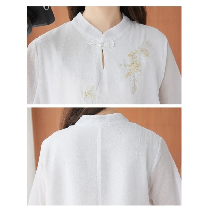 Women's Cotton and Linen Blouses Pullover Half Sleeve Retro Top Stand Collar Loose Thin Shirt Chinese Embroidery Tea Clothing