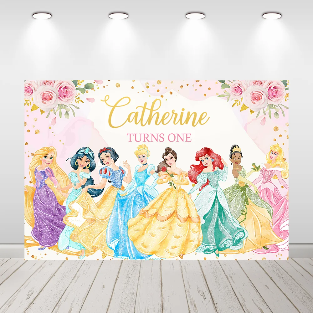 Disney Watercolor Princess Birthday Decoraiton Photography Background Customize Name Girl 1st Birthday Backdrop for Photo Studio