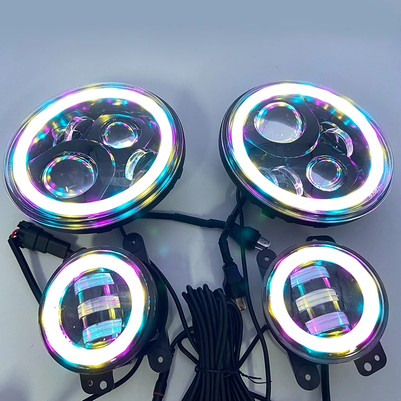 ADT RGB LED Headlight app control chasing 7 inch & 4 inch RGB Halo Ring LED Headlights Fog Lights Kit