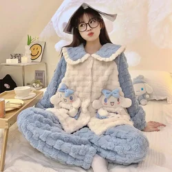 Kawaii Cinnamoroll Kuromi Women's Pajamas Suit Sanrioed Anime Coral Velvet Thickened Long Sleeve Nightwear Girls Winter Homewear