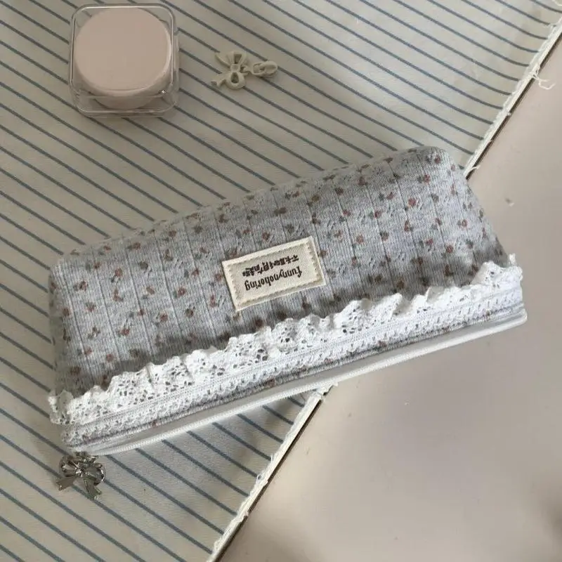 New Multi Function Floral Grey Large Capacity Pencil Pouch Lace Trim School Office Stationery Supplies