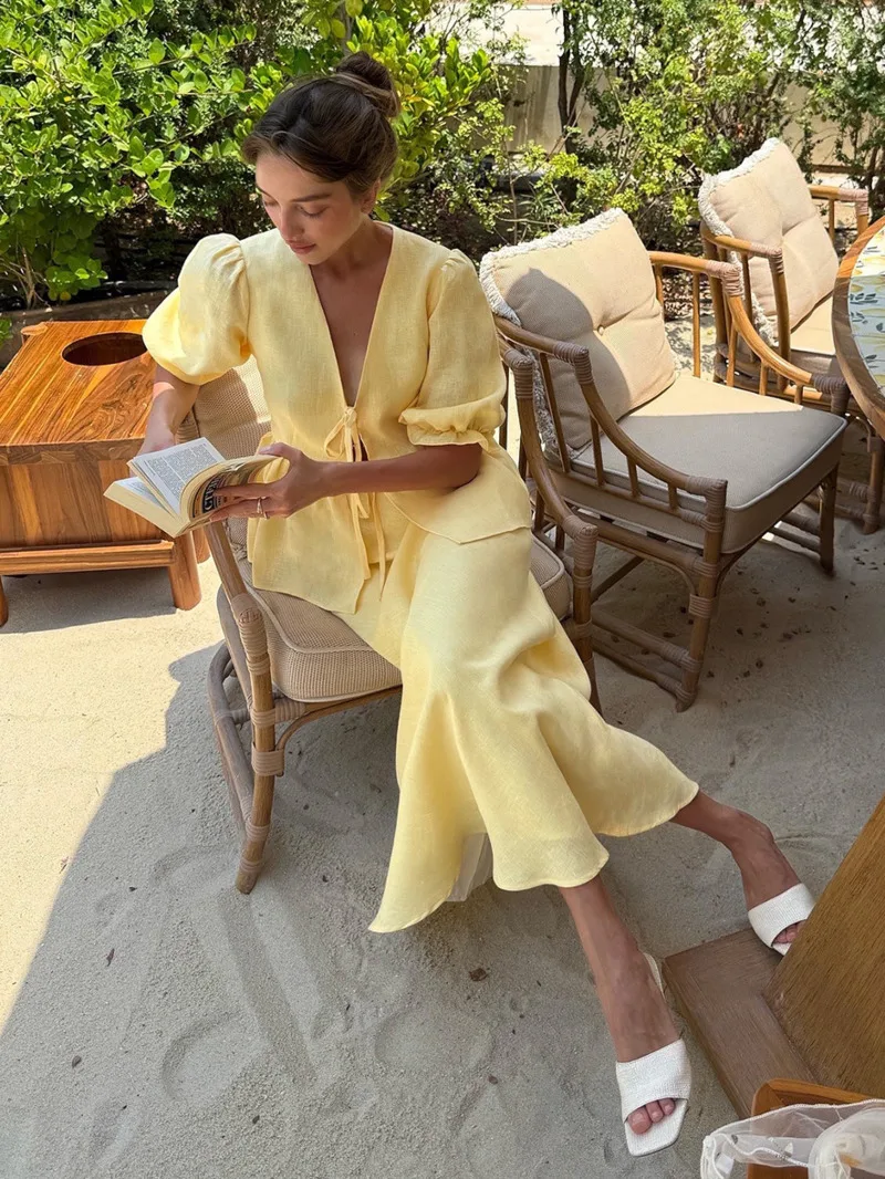 Élégant pur coton à lacets t-shirt jupe ensemble assorti femmes 2025 nouveau à volants manches bouffantes hauts une ligne jupe dames tenue décontractée