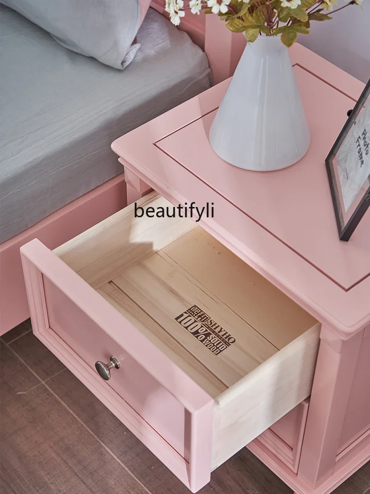 Solid Wood Bedside Table Simple Side Cabinet Bedroom Drawer Storage Cabinet Storage Cabinet Dopamine Water-Based Paint