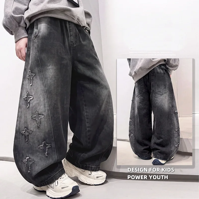 Fashion Autumn Curved Jeans With Side Pattern For Boys Wide Leg Denim Pants Kids Casual Style Children Loose Casual Trousers