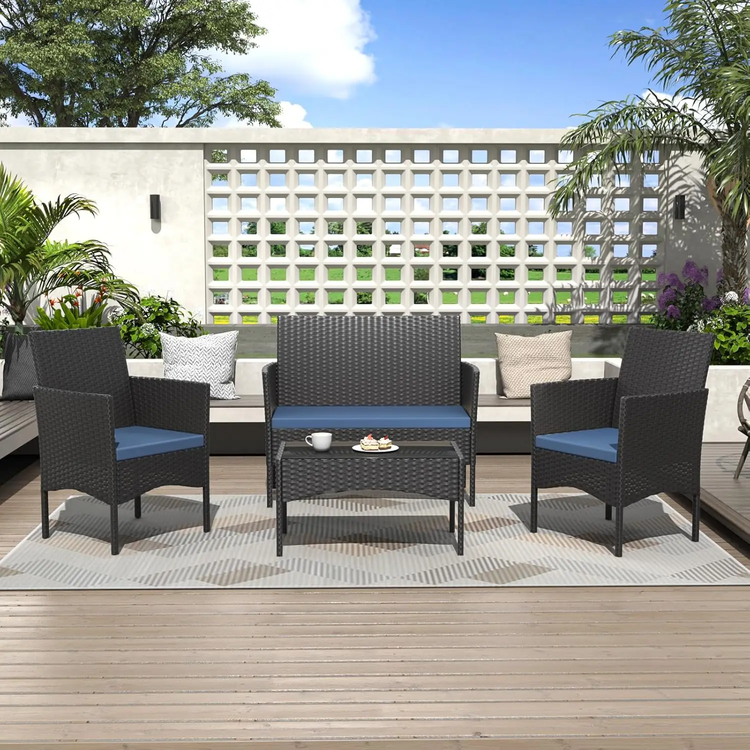 Alaulm 4-teiliges Terrassen-Gesprächsset für den Außenbereich, Rattan-Terrassenmöbel-Set, Korbstühle mit weichem Kissen und Glastisch für