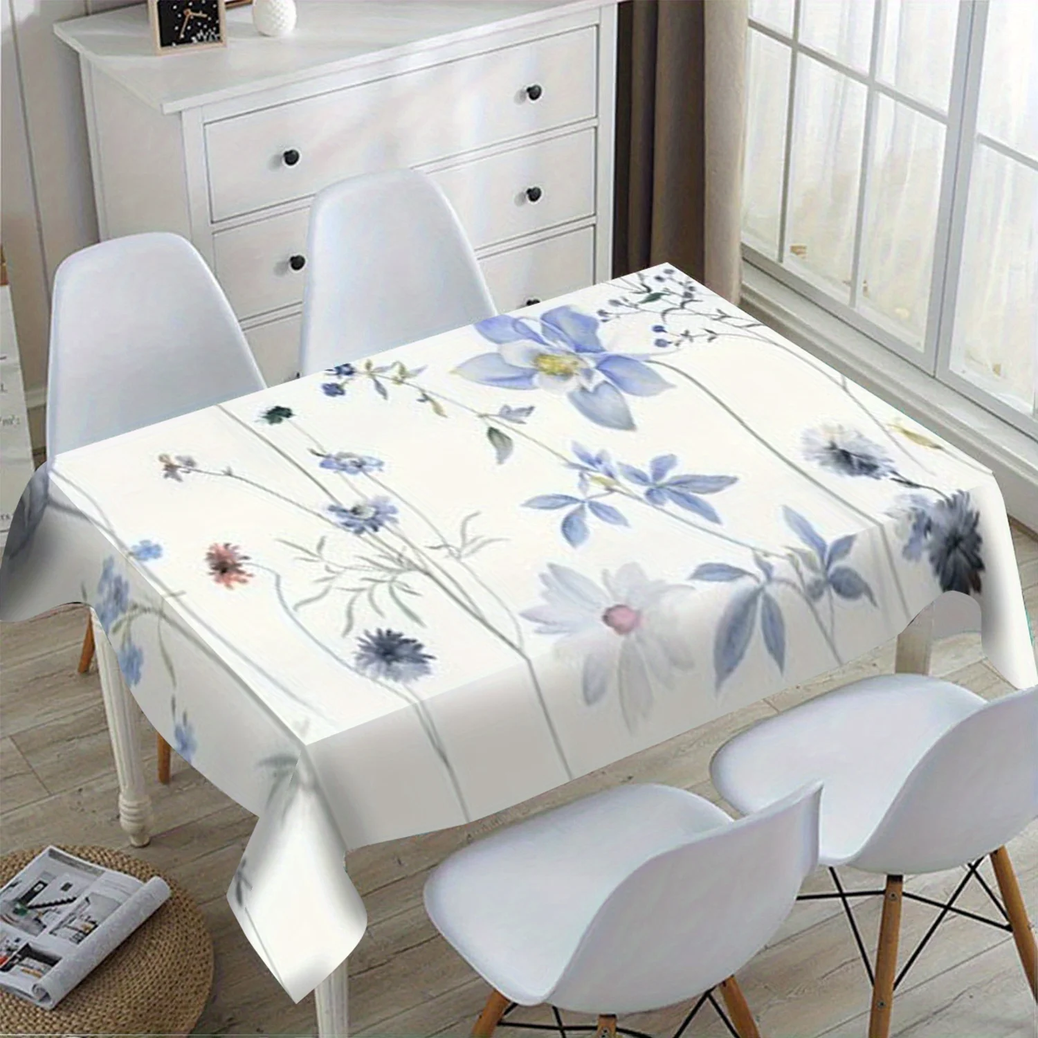 Soft Wildflower Tablecloth, White Background With Light Blue Flower Pattern, Waterproof Table Cover for Daily Meals & Party Use