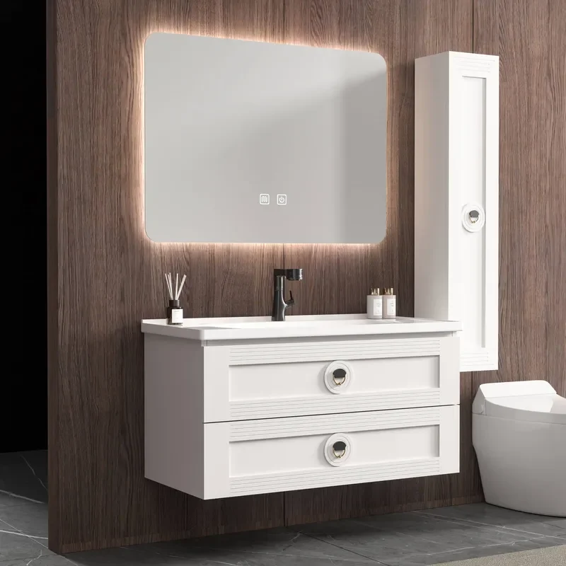 18MM PVC White Color Wall Mounted Double-deck Storage Cabinet Ceramic Wash Basin Smart Mirror Wall Hung Bathroom Vanity