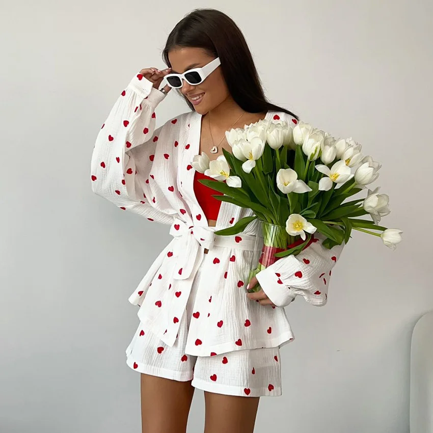 Autumn 100% Cotton Pink Heart Print Cardigan Shorts Loose Comfortable Pajamas Set For Women Sleepwear 2PCS Home Clothes