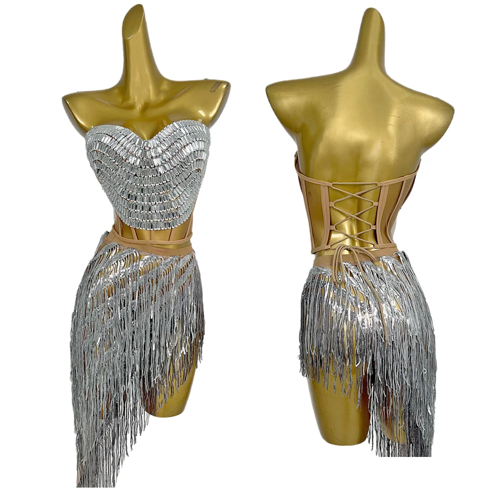 

Sexy Crystal Sequin Corset Top Tassel Skirt 2 Piece Set Show Performance Outfit Strapless Prom Gown Women Cocktail Party Dress