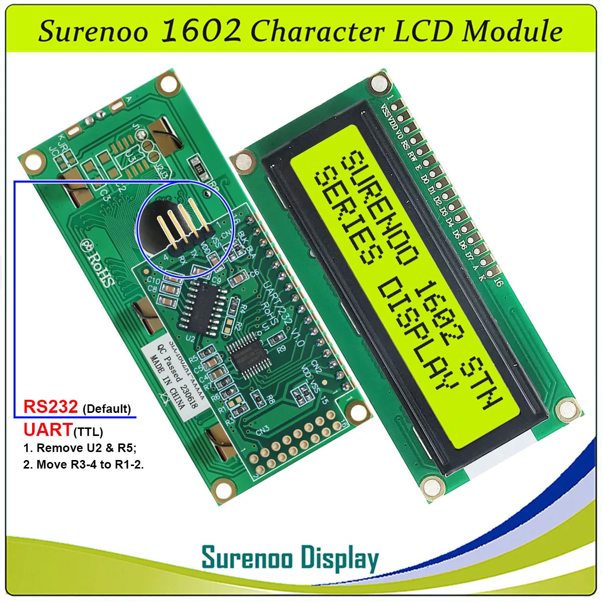 Surenoo Serial RS232 UART TTL CMOS 1602 162 16*2 Character LCD Module Display Panel Screen