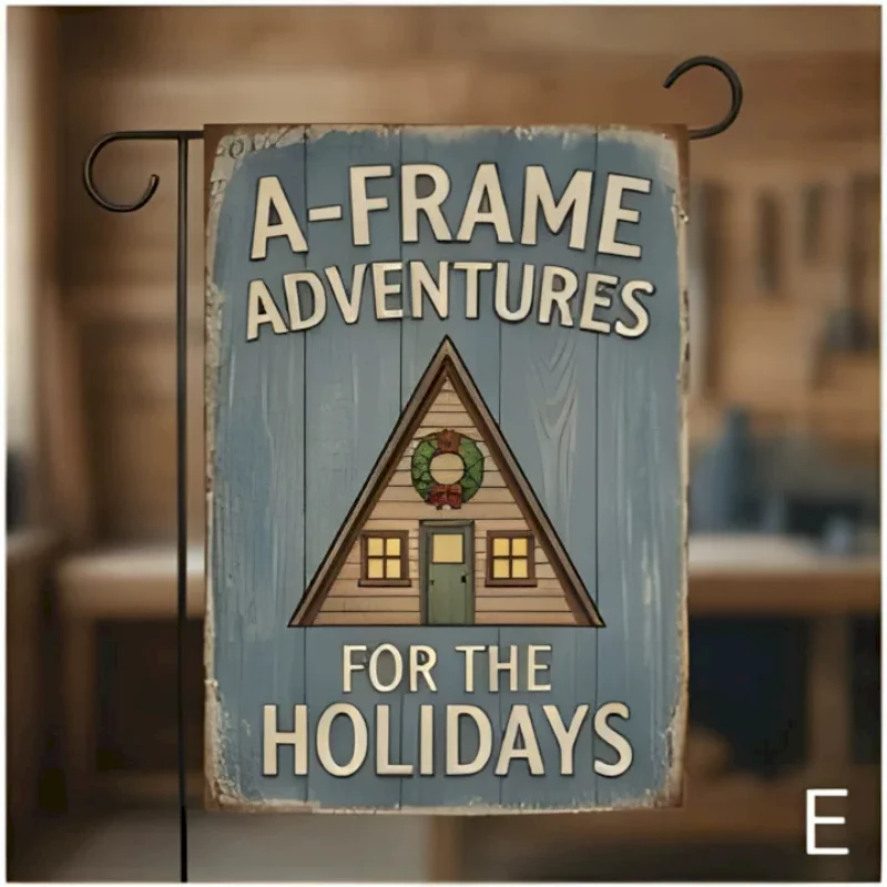 VIKAMA A Frame Adventures Garden Flag, Cabin Wreath Wood Outdoor Yard Hanging Decor, Xmas Outdoor Garden Decor