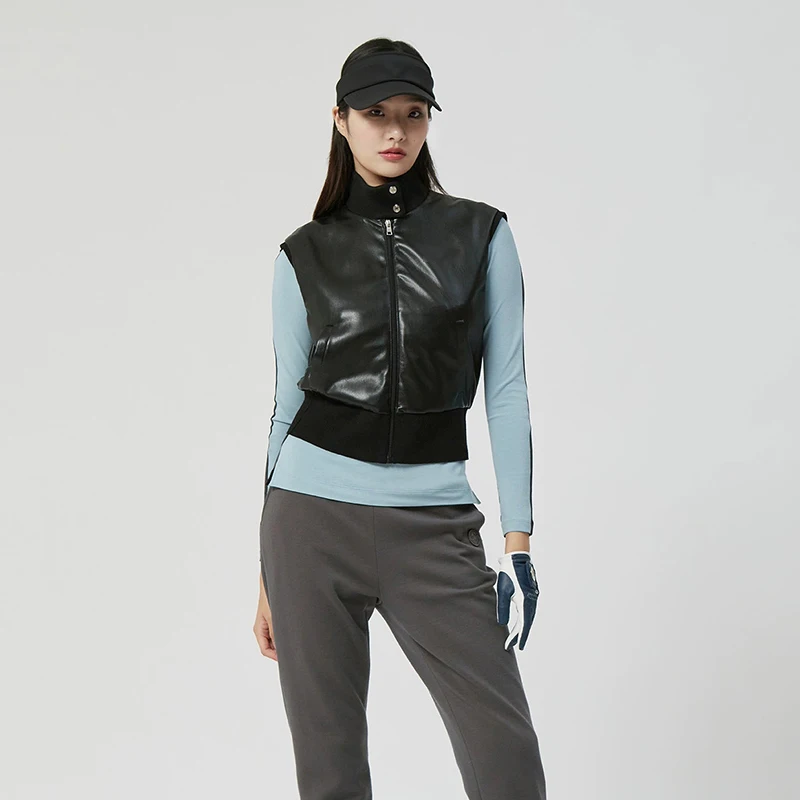 Autumn And Winter New Women's Leather Golf Vest Stand Up Collar Zipper Fashionable Temperament Sleeveless Golf Jacket