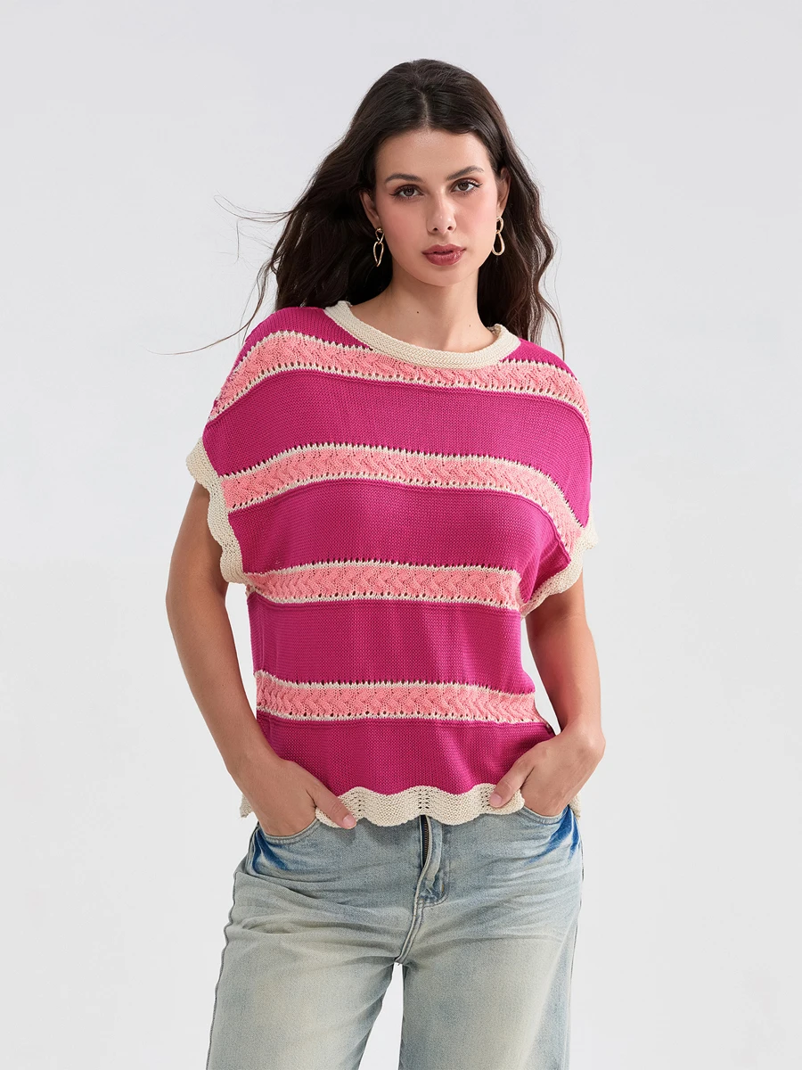 New Fashion Striped Multi Color T-Shirts Femme Boho Tops Round Neck Loose Fit Rainbow Casual Tee Tops Short Sleeve Shirt S-XL