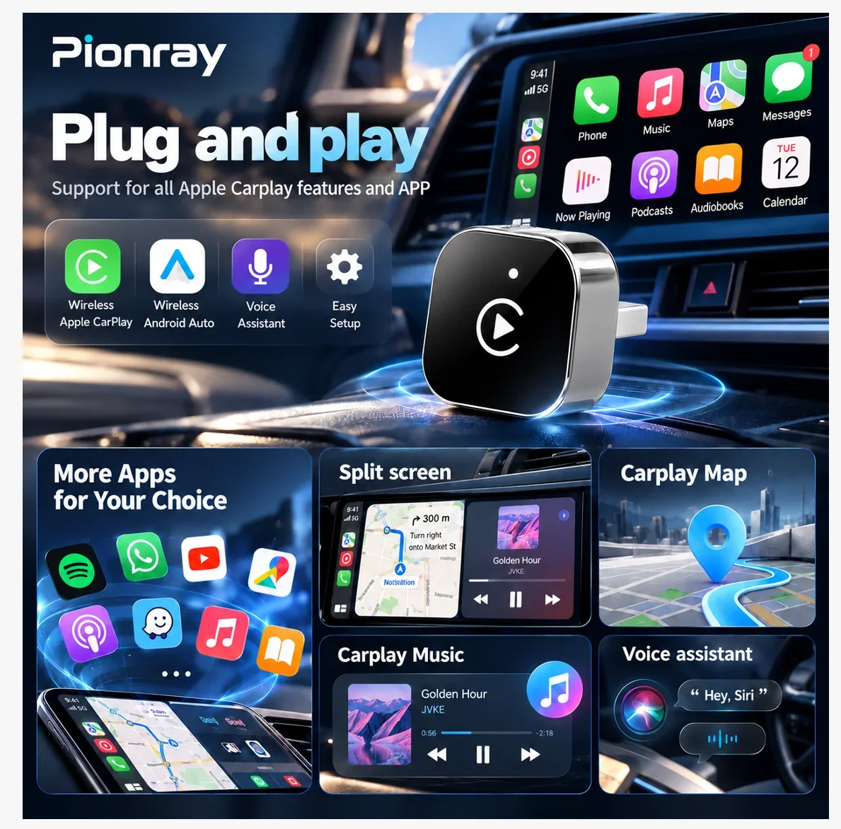 2026 Pionray Upgraded Wireless CarPlay Adapter Stable Transmission No Delay Convert Wired CarPlay to Wireless CarPlay