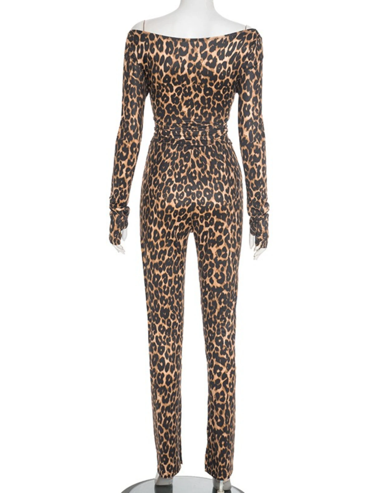 SsTss Women's Leopard Print 2 Pieces Set 2025 Autumn Fashion Deep V Neck Off Shoulder Long Sleeve T Shirt and Long Pants Suits