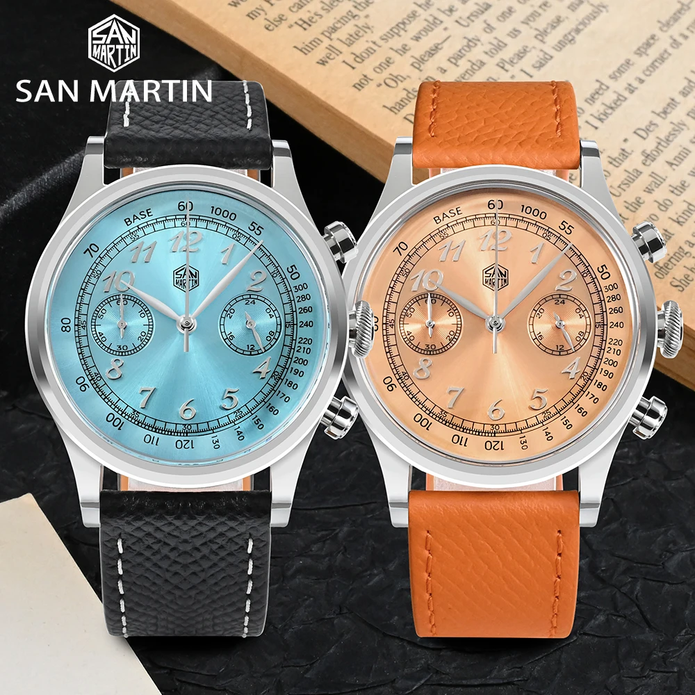 San Martin-Montre-bracelet chronographe à quartz pour homme, 38mm, miroir saphir, 5iko, haut de gamme, nouvelle mode