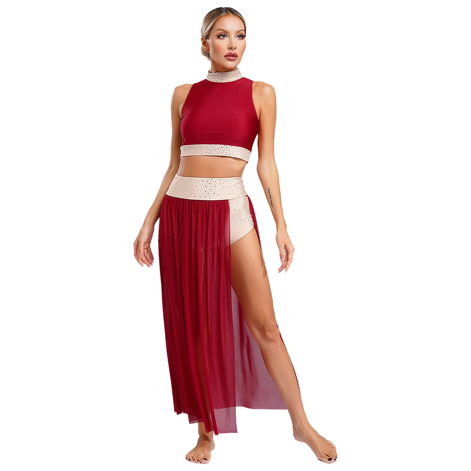 Modern Ballet Dance for Women Mesh Top Wide Leg Pants Skirt Attached 2 Piece Lyrical Outfits Ballerina Girls Stage Costume