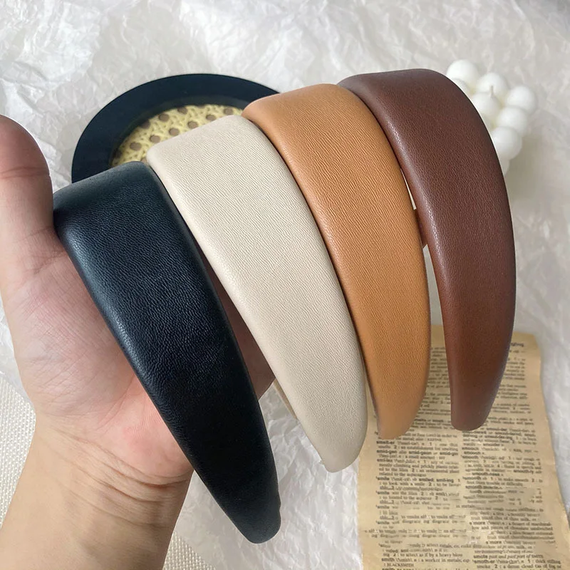 Vintage PU Leather Headbands Hairbands Women Girls Solid Wides Spong Thick Hair Hoops Hair Bands Bezel Fashion Hair Accessories