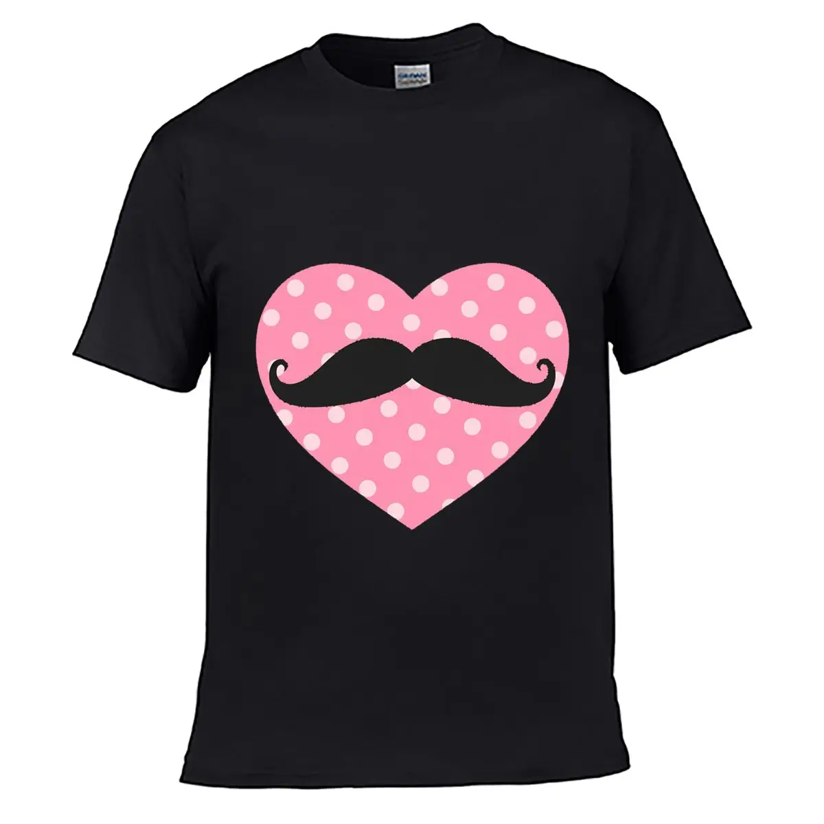 Pink Polka Dot Heart Black Mustache Love Graphic Street Loose Simple Tee