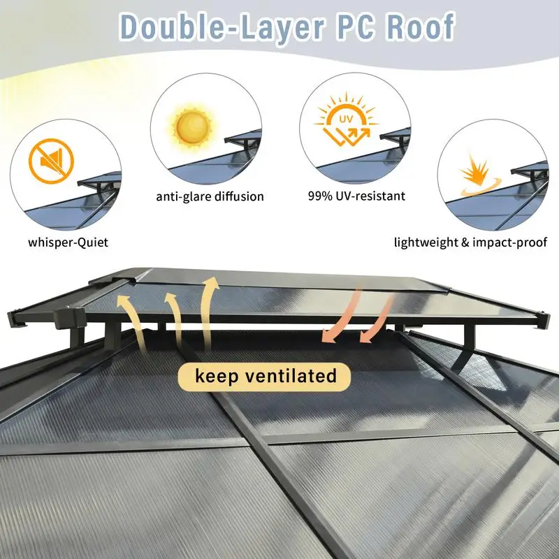 شرفة خارجية صلبة مقاس 10 × 12 بوصة، مظلة فناء سقف مزدوجة شديدة التحمل مع إطار من الألومنيوم، شبكة ناموسية للجدران الجانبية بطبقة مزدوجة #5