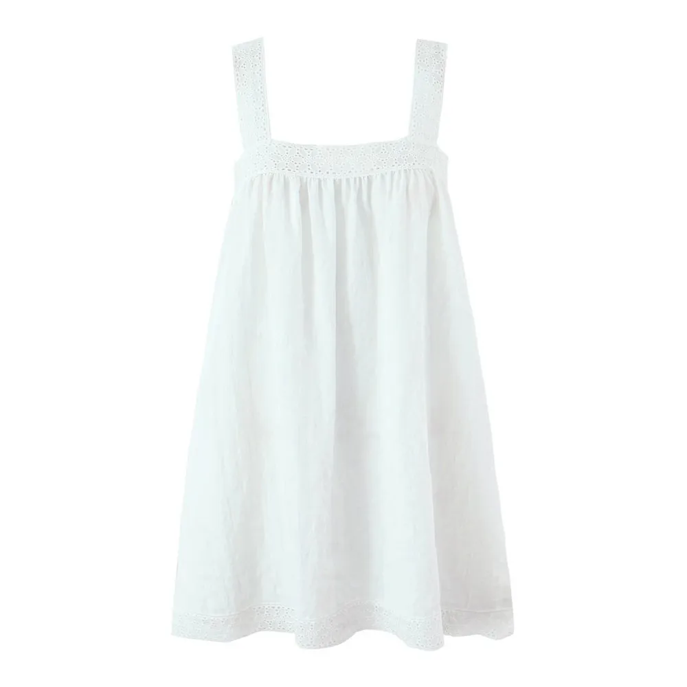 Holiday White Spliced Lace Slash Collar Strap Short Tank Dress Women Side Pockets Loose Straight Dresses Femme Vestidos Robe
