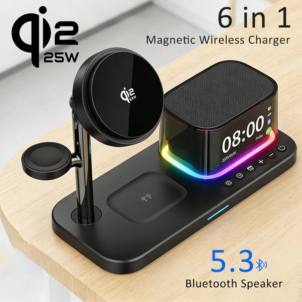 

Многофункциональная Bluetooth-колонка 6-в-1 TEC Qi2.2 25W с магнитной быстрой зарядкой для iPhone 12-17 Pro Max, Apple Watch, Airpods и настольный музыкальный плеер